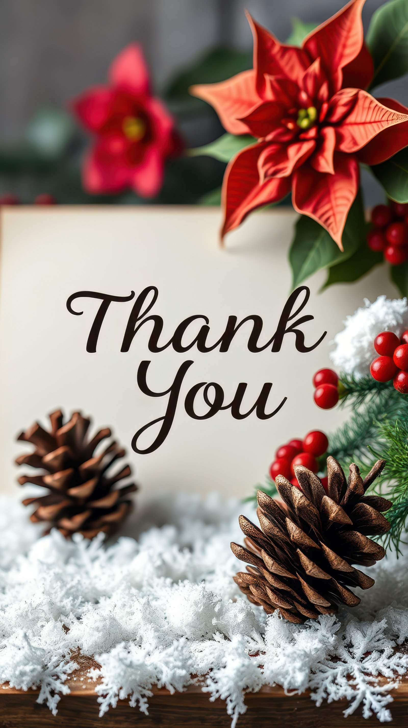 Thank you card adorned with festive decorations and winter elements in a cozy setting